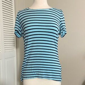 Tahari Baby Blue Black Stripes Scoop Neck Rayon Tee L Large